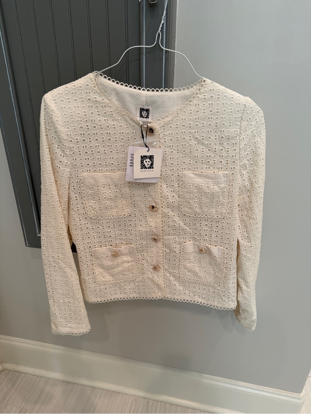 Anne Klein Cream Eyelet Knit Button Jacket